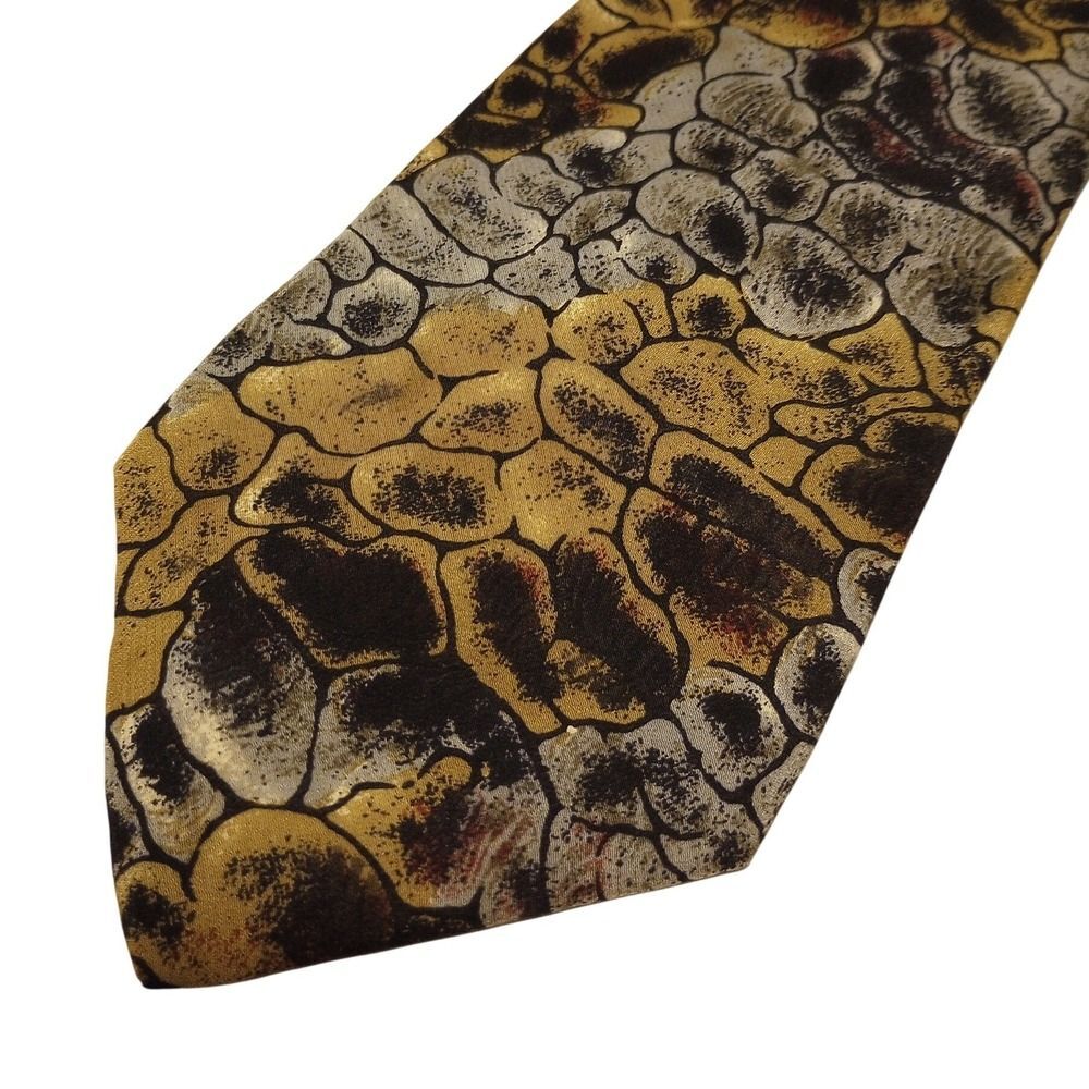 Enrico Coveri Mens Silk Tie Gold Grey Abstract Pebble Print Hand‎ Made in Italy